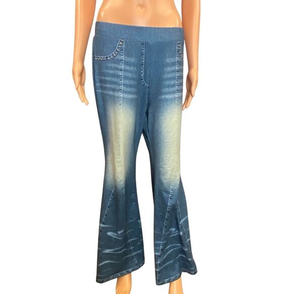 Shein Curve Wide Leg Pant Jean Print Faux Distressed Pattern High Waist Size OXL - Picture 1 of 8